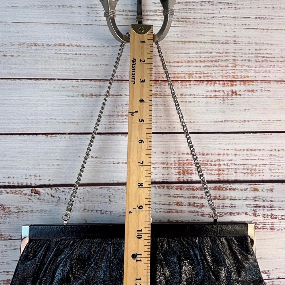 Vintage Talbots Black Leather Gathered Frame Clutch Bag Silver Chain Strap